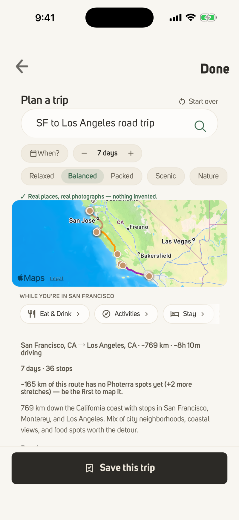 Plan a trip on Photerra — describe it, and the route is built from real places and real photographs