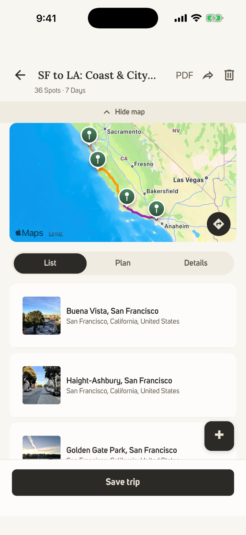 A road trip from San Francisco to Los Angeles on Photerra — the route and its photographed stops