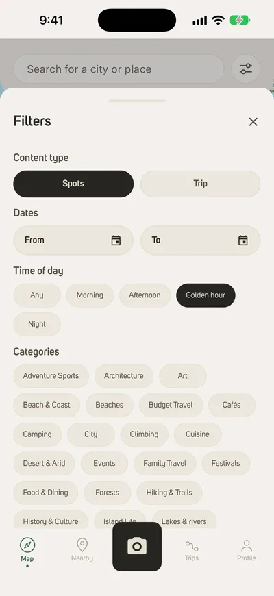 The Photerra map&rsquo;s filters with Golden hour chosen, then the map of San Francisco showing only the spots photographed in that light