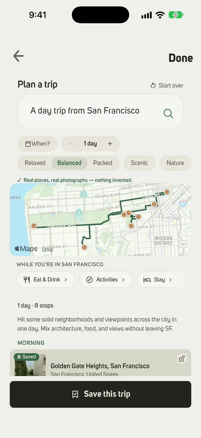 Planning a day trip from San Francisco on Photerra: a trip idea becomes a day of photographed stops on a map, marked &ldquo;Real places, real photographs &mdash; nothing invented&rdquo;
